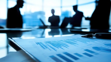 Poster - Objects represent corporate strategy and planning in a meeting with silhouetted professionals and financial charts