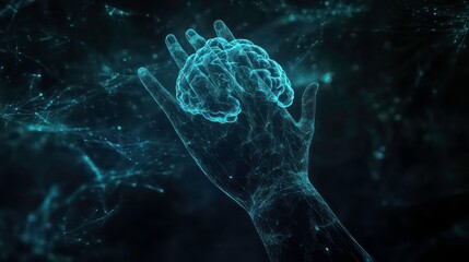 Aufkleber - On a dark background, a digital hand hologram is seen on a copy space. The brain is connected with stock. The communication is based on neural networks.