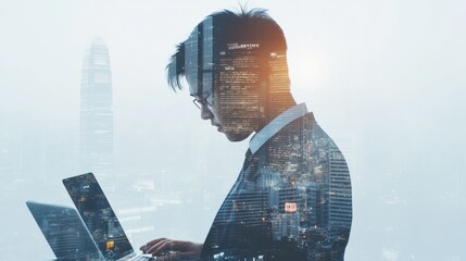 Poster - business finance and investment concept. double exposure of businessman working on laptop computer a