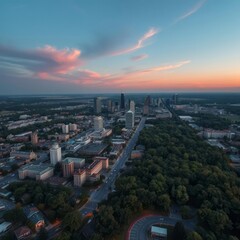 Aerial cityscape at sunset, urban skyline, high-rise buildings, lush green parks, vibrant orange and pink sky, wispy clouds, bird's eye view, wide-angle shot, dramatic lighting, golden hour, modern ar