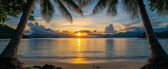 Poster - Idyllic sunset over a tranquil tropical beach with palm trees framing the scene.