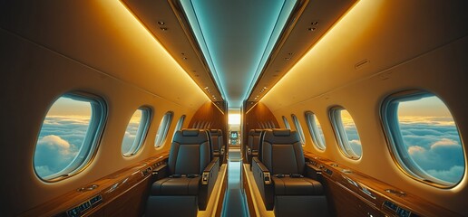 Poster - Interior of a luxury private jet with leather seats, wooden accents, and large windows with views of clouds during sunset.