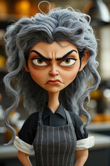 A 3D animated character with gray hair, wearing a black and white apron, with a stern expression