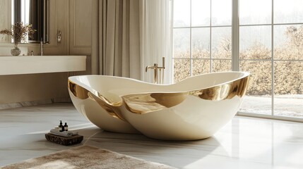 Poster - Opulent Bathroom Oasis: Lavish Tub Chic Basin and Premium Fixtures in Cream Gold and Earthy Hues