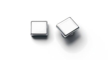 Square white metal snap button mockup isolated, 3d rendering. Empty clothing jeans clasp mock up, front and back side view