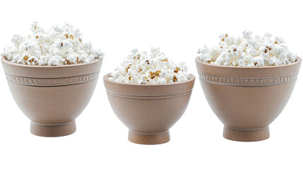 Poster - Fluffy Popcorn in Three Bowls on a Clear Background Generative AI