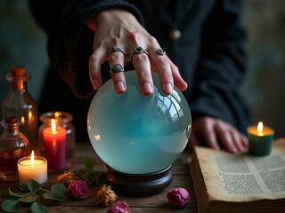 A close-up of a witch's hand hovering over a smoky crystal ball, with rings on every finger. Candles burn around the crystal, casting a soft glow over vials of colored potions, dried roses