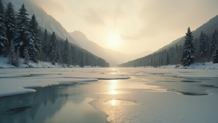 Wall Mural - A frozen lake in the middle of a snowy forest