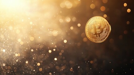 A shining Bitcoin coin appears to float against a sparkling backdrop, highlighting the growing trends in cryptocurrency and wealth.