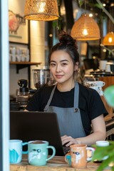 Poster - A woman smiles while working on a laptop in a cafe. AI.