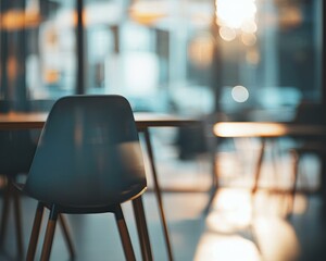 A chair in a cafe setting, with a table and blurred background. AI.