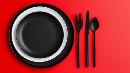 Poster - Black and white plate with a fork, knife, and spoon on it. The plate is set on a red background