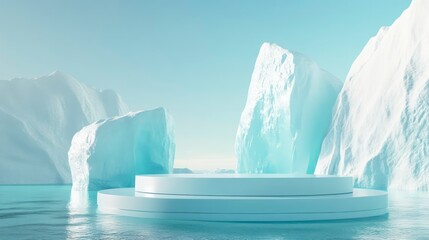 Poster - Serene icy landscape with a circular platform surrounded by icebergs in calm water.