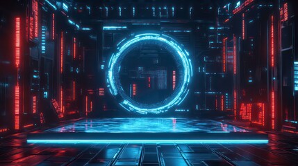 Poster - A futuristic digital space featuring a glowing circular portal and illuminated panels.