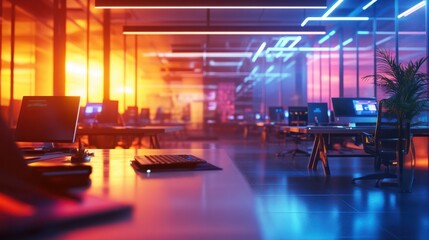 Poster - modern neon cyberpunk open space office interior blurred with information technology overlay. corpor