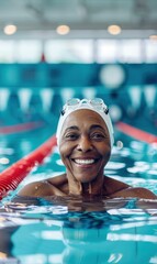 Canvas Print - A woman smiles while swimming in a pool. AI.