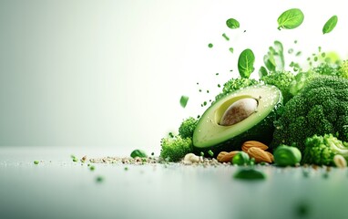 Wall Mural - Fresh ingredients, including avocado and greens, appear vibrant and dynamic, emphasizing health and nutrition.