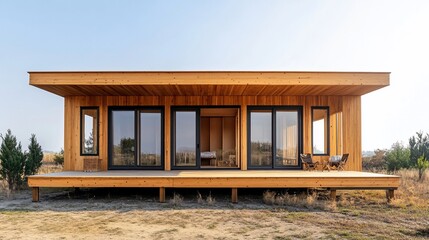 Aufkleber - Modern wooden cabin with large windows and a deck overlooking a field.