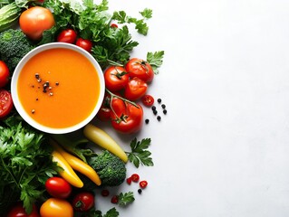 A vibrant bowl of orange soup surrounded by fresh vegetables, including tomatoes, broccoli, and herbs, set against a clean white background.