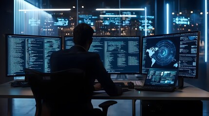 Working businessman in front of a computer screen, digital technology and finance 