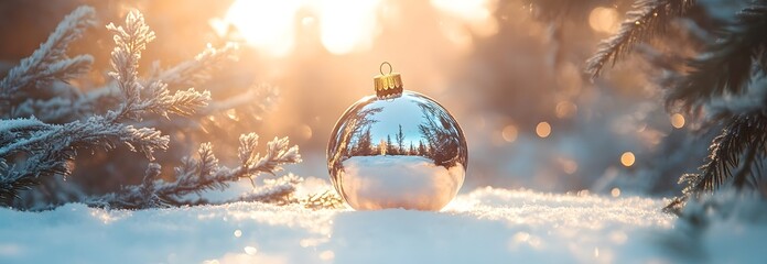 Wall Mural - Empty christmas bauble over the winter, snowy background with copy space，banner