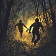 © Teerasit - Two silhouetted figures run through a forest toward a bright light.