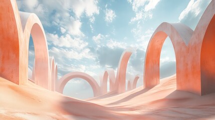Poster - A surreal landscape featuring arches in a sandy environment under a cloudy sky.