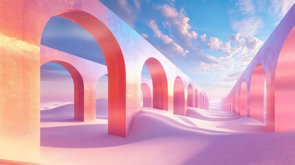 Poster - A surreal landscape featuring archways in a dreamy, sandy environment under a colorful sky.