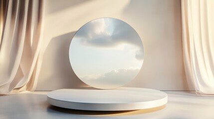 Poster - A minimalist circular mirror reflecting clouds, set on a simple platform with soft drapes.