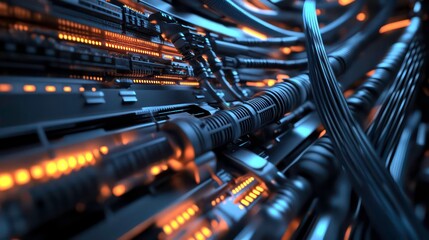Leinwandbilder - A close-up view of intricate cables and circuits illuminated by glowing lights.