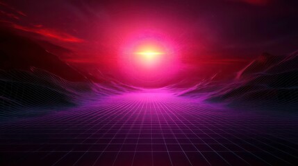 Poster - A surreal digital landscape featuring a glowing sun over a grid-like terrain.