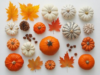 Wall Mural - Autumn Flat Lay Pumpkins and Leaves for Thanksgiving and Halloween Seasonal Display