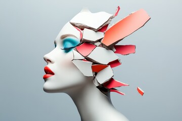 Wall Mural - woman's face is shown with a broken, shattered look. the woman's face is made up of a lot of differe