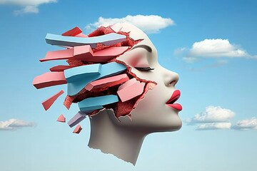 Wall Mural - woman's face is shown with a broken, shattered appearance. the image is a representation of the idea