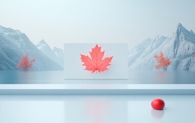 Poster - Autumn Mountain Lake Minimalist Design with Red Leaf Accent in Modern Style