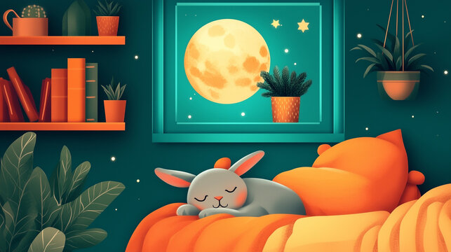 illustration of a happy little cute gray rabbit sleeping, covered with a blanket, full moon in the window