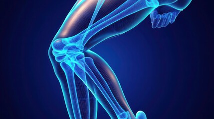 A digital illustration of a human knee joint, highlighting anatomical structures.