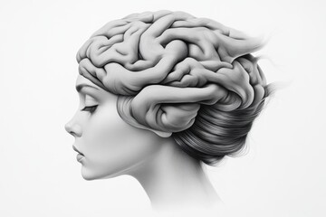 Wall Mural - woman's head with a brain on it. the brain is made of hair and has a lot of detail. the woman's face