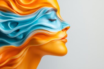 Wall Mural - woman's face is painted with blue and orange colors. colors are blended together to create a unique 