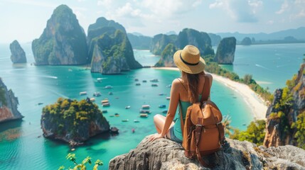 Wall Mural - A traveler enjoys a breathtaking view of serene turquoise waters and limestone cliffs, capturing the essence of adventure and tranquility, ideal for travel blogs, brochures, and motivational quotes,