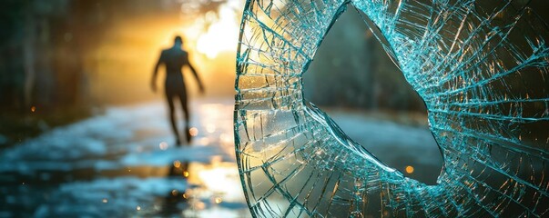 Silhouette of a person walking towards a broken glass in a dimly lit environment.