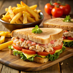 a sandwich with a salad and french fries on a wooden table.