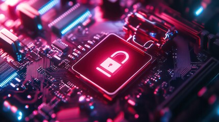 Leinwandbilder - secure connection or cybersecurity service concept of compute motherboard closeup and safety lock with login and connecting verified credentials as wide banner design