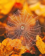 Poster - Dewy Spider Web in Autumn Leaves Macro Beauty in Vibrant Fall Colors