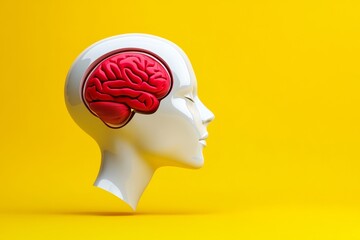 Wall Mural - woman's head with a red brain. the brain is shown in a 3d model. concept of the importance of the br