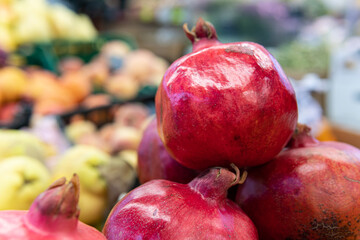 Wall Mural - fresh food closeup background ripe market organic pomegranate vegetarian red healthy juicy fruit