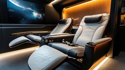 Poster - Two comfortable reclining seats inside a luxurious vehicle with a large screen displaying a starry sky.