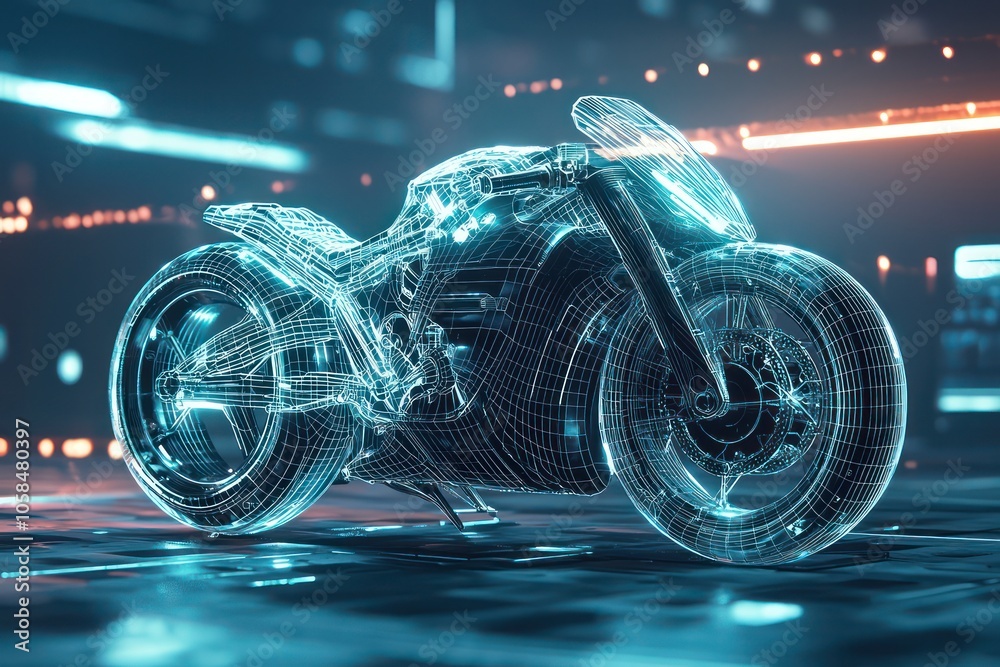 High-res digital art displays a motorcycle in wireframe within a ...
