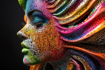 Wall Mural - colorful face with words written on it. the words are in different colors and sizes, and they seem t
