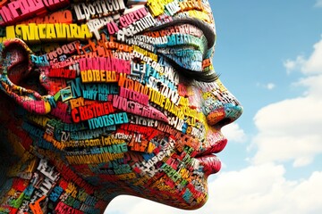 Wall Mural - colorful face with words written on it. the words are in different colors and sizes, and they spell 